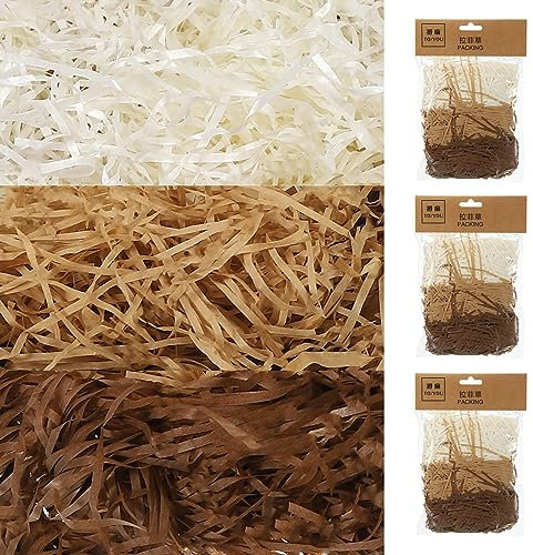 sourcing map Ostern Gras Korb Füllstoff Gras 3 Farbe (Creme Khaki Braun) Raffia Recycelbarer Papierschnipsel Füllstoff für Geschenk Verpackung Osterkorb Füllung und Party Dekoration- 5 Pack
