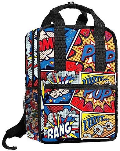 Jungen Rucksäcke Büchertasche Pop Art Taschen mit verstellbaren Schultergurten Mädchen Schultasche, mehrfarbig, 14x10.2x4.7 in/35.5x26x12 cm