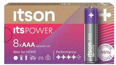 ITSON, AAA batterie alcaline, confezione da 8, per orologi, torce, telecomandi, confezione senza plastica, LR03IPO/8CB