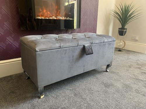 SK LUXURY LIVING Ottoman Storage Box - Engineered Wood Fabric Buttons Luxurious Plush Velvet Ottoman Storage Bench, Perfectly Designed Ottoman for Bedroom Storage (Grey Plush, Legs)