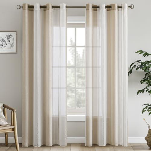 EMEMA Gardinen mit Ösen Beige-Weiss Streifen Voile Vorhänge Halbtransparent Wohnzimmer 140x215cm Dekorieren 2er Set Stores Schals mit Ösenschal Vorhang Moderner Schlafzimmer