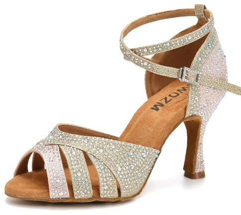 SWDZM Tanzschuhe Damen Latein Glitzer Professionell Salsa Tango Party Hochzeit Ballsaal Tanz Schuhe,Rosa+Gold,Ferse 7.5cm,Wildledersohle,39EU