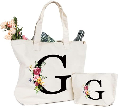 Tragetasche und Kosmetiktasche mit Initial, Canvas Einkaufstasche mit Reißverschluss, Personalisiert Initialen Baumwolltasche Geschenk für Freundin Frau Mama Schwester Geburtstag Hochzeit Muttertag G