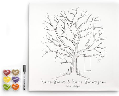 codiarts. personalisierte Leinwand für Fingerabdrücke | Party | Hochzeit | Jubiläum | Geburtstag | als Gästebuch mit Stempelkissen und Stift (Baum mit Schaukel, 50 x 50 cm, Bespannte Leinwand)