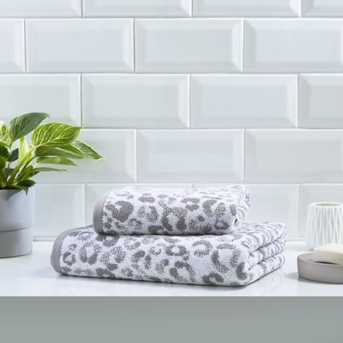 Fusion Badetuch mit Tiermotiv, 90 x 150 cm, 100% Baumwolle, Geparden-/Leopardenpfotenabdruck, Safari-Zoo-Tierhandtuch, grau-weißes Badetuch/Badelaken, Badezimmer-Accessoire