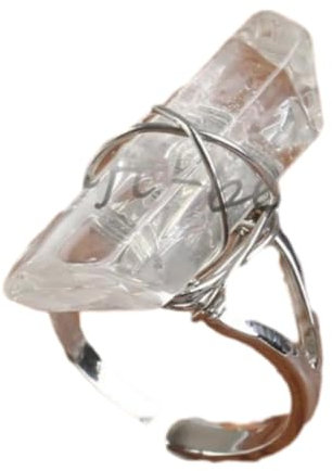 Steinring – Fingerringe aus natürlichem Kristallquarzstein für Damen und Herren, mit Draht umwickelter Bergkristall, unregelmäßiger, Verstellbarer Stein-Fingerring, Schmuck, versilbert, Einheit