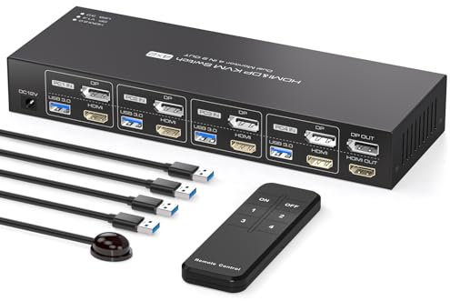 PVBCTCSID HDMI Displayport KVM Switch 4 PC 2 Monitore 4K60Hz KVM Switch 4 Port DP HDMI USB 3.0 Umschalter Gemeinsame Nutzung Von 4 Computer Dual Monitor und 4xUSB3.0-Geräten Mit Infrarot-Fernbedienung
