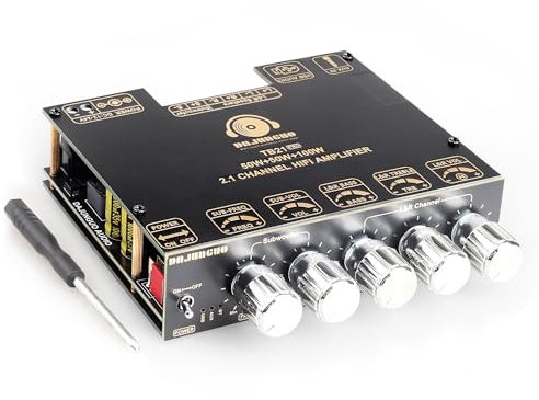 Bluetooth Power Amplifier Board with Subwoofer 2.1 Channel 50W×2+100W, 12V-24V Audio Power Amplifier Module with Treble and Bass Control for DIY Bluetooth Audio and Store Home Theater