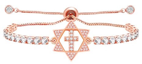 Oneress Fashion Elegant Rose Gold Plated Hexagonal Star Bolo Bracelet Jewelry, Exquisite Romantic Zircon Tennis Cross Bracelet for Girls Women Chrisian(rose Gold)