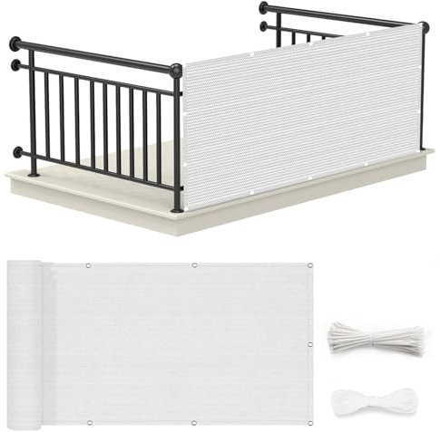 Balkon Sichtschutz Balkonumspannungen 130 x 650 cm Uv-Schutz Windschutz Sonnenschutz Windschutz Balkonverkleidung mit Ösen, Kabelbinder Sichtschutz für Balkon, Weiß
