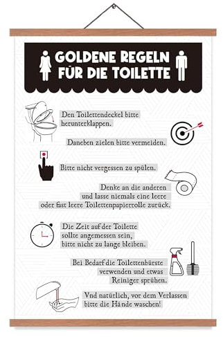 EASTJOY Toilettenregeln Poster, Goldene Regeln für die Toilette, Witzige Wanddeko, Badezimmer Poster, mit Teakholz-Posterleiste, Kreative Geschenke, DIN A2 (60x40 cm)