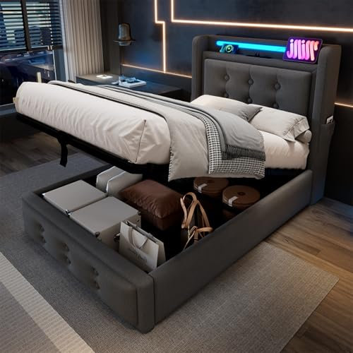 Zravenna Polsterbett 90x200 mit Stauraum, Einzelbett mit Kopfteil und Lattenrost, Hydraulisches Bett mit Metallrahmen, Stauraumbett Belastbarkeit 150 kg,Grau,Baumwolle(Ohne Matratze)