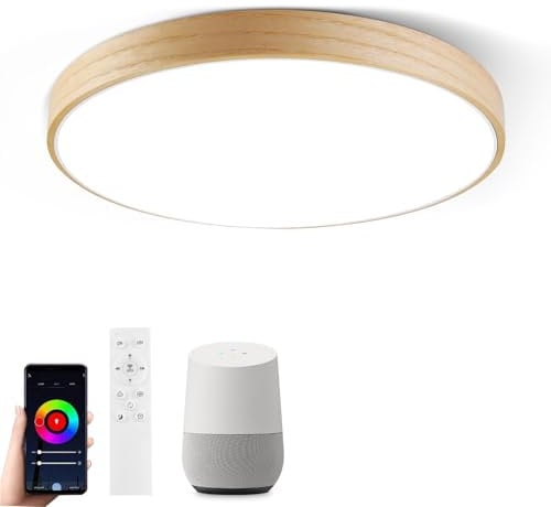 Lámpara de Techo LED Smart WIFI, Luz LED Regulable con Alexa Google Home, Lámpara de Cambio de Color RGB de 28 W con Control Remoto, Luz Hecha de Material de Madera Natural para Dormitorio