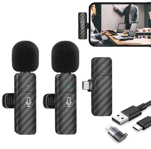 Microfono Wireless per iPhone/Android/Laptop, Microfono Lavalier Wireless Plug and Play, Microfono Professionale con Riduzione del Rumore per Youtube, TikTok, Vlog Registrazione Video - 2 Microfoni