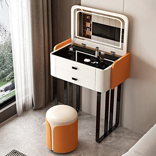 Ensemble de coiffeuse moderne avec miroir éclairé à LED, coiffeuse à plateau rabattable avec tabouret rembourré, 2 tiroirs avec plateau en verre trempé noir, coiffeuse à double usage pour chambre à