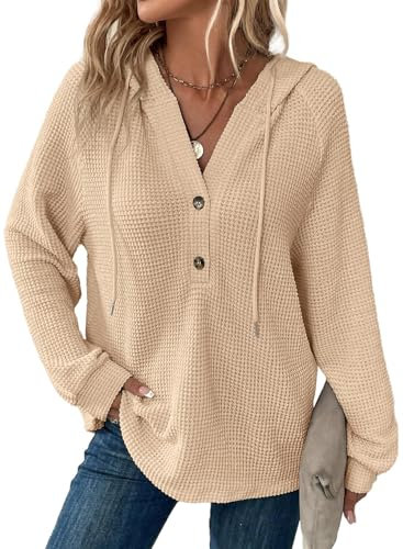 Cuptacc Damen Hoodie 2024 Mode Oversize Pullover Waffel Langarm Knopfleiste V-Ausschnitt Casual Sweatshirt Lang Kapuzenpullover Damen Mit Kordelzug Aprikose Groß L 42-44
