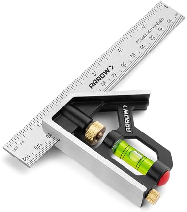 Arrow Combination Square, 6-Inch Combo Square with Stainless Steel Ruler, Zinc Alloy Body and Bubble Level for Carpenters and Craftsmen
