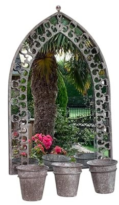 AcaciaHome Vintage Rusty Metal Wall Mirror with Triple Planter 3 Pots Holder - 70cm Arch Design, Indoor/Outdoor Large Garden & Patio Décor for Living & Garden Spaces (1, Vintage Mirror Framed)