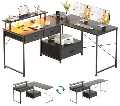 MUTUN L Shaped Computer Desk with Power Outlet & LED Lights, 128x120 cm Reversible Corner Gaming Desk with Drawers, Office Study Table Computer Workstation for Home, Black