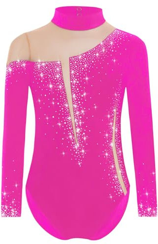 Yruioon Mädchen Turnanzug Glitzer Langarm Gymnastikanzug Strass Glänzend Eiskunstlauf Body Overall Sportbody Wettbewerb Tanzkostüm Ac Hot Pink 146-152