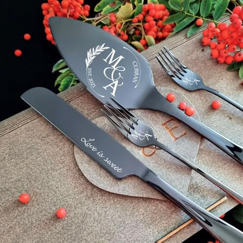 Juego De Corte De Pastel De Boda Personalizado, Juego De Servicio De Corte De Pastel Personalizado, Utensilios De Pastel De Acero Inoxidable, Tenedores De Postre, Texto Grabado, Recuerdos De Boda(Blac