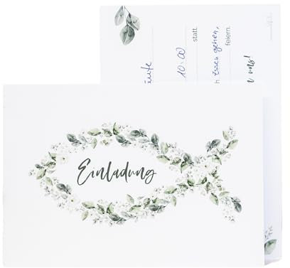 annaundfelix 12x Einladungskarten Taufe • Fisch grüne Blätter • Din A6 Set mit Lückentext • Kommunion Konfirmation Segnung Taufeinladung • Mädchen (Fisch)