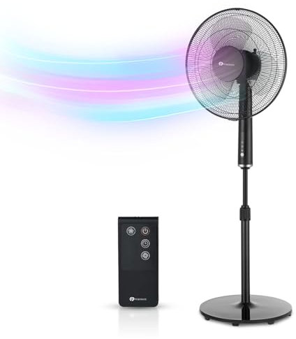 PureMate 16-Inch Pedestal Fan with Remote Control and LED Display, 3 Operational Modes, 80° Oscillation, Adjustable Height and Pivoting Head for Powerful, Quiet Cooling. Ideal for Homes, Offices