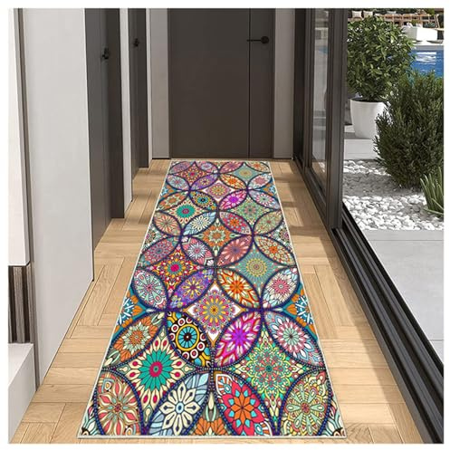 BORKOY Läufer Flur 60x150cm waschbarer Kurzflor-Teppich–Rutschfester Teppich mit Gummirücken für Schlafzimmer,Küche,Entryway – Bunt & marokkanisch inspiriert – Wäsche Daneben & Meterware anpassbar