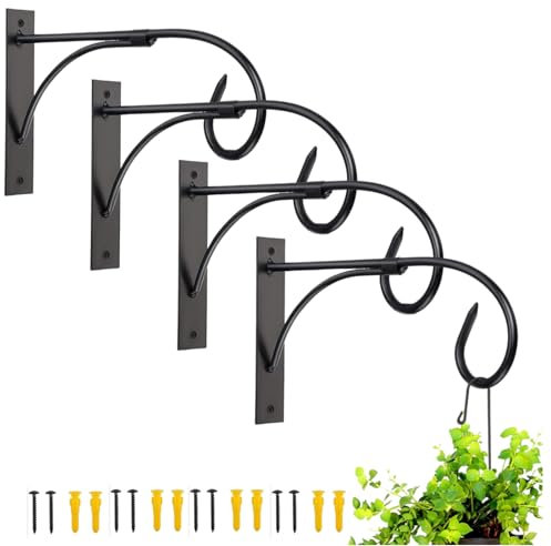BNGGOGO Plant Brackets for Hanging Baskets, 4pcs 11 Inch Iron Wall Mount Bracket Durable Rust-Resistant Plant Hanger Hook for Hanging Plants Drying Rack Bird Feeder Lantern Windchime House Sign