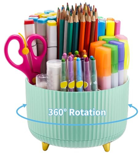 Marbrasse Desk Organiser,360-Degree Rotating Pen Holder,Desk Organisers and Accessories with 5 Compartments Pencil Organiser Storage Box Caddy for Office,Home(Mint Green)