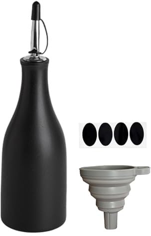 Stoneware Black Oil Bottle, Olive Oil Bottle, Black Olive Oil Dispenser Set, with Funnel, High Temperature Underglaze Colours, 300 ml, for Oil, Vinegar, Spices, Kitchen Supplies, Black