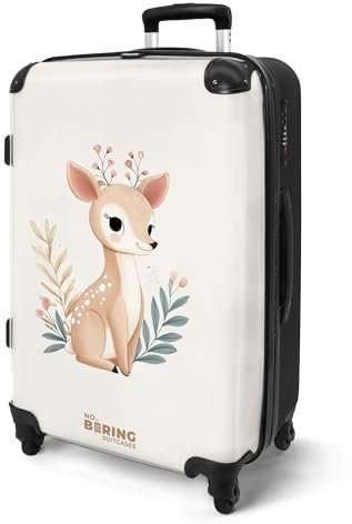 NoBoringSuitcases.com® Koffer Kinder Groß 67x43x25 cm Reisekoffer Kinderkoffer 4 Rollen Leicht Trolley Große M Hartschalenkoffer für Jugendliche Hirsch - Braun - Beige