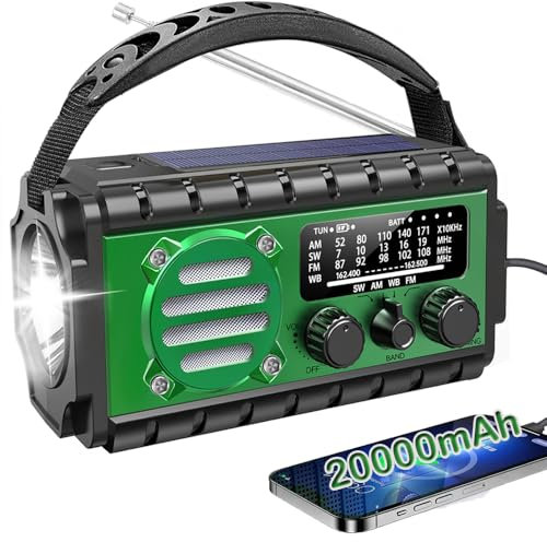 Radio Dynamo Survie 20000mah Lampe Dynamo Survie SW/AM/FM Grande Batterie, Portable Charge de Téléphone Portable, SOS, Lampe de Poche Radio Manivelle Survie pour Urgence/Maison （Vert）