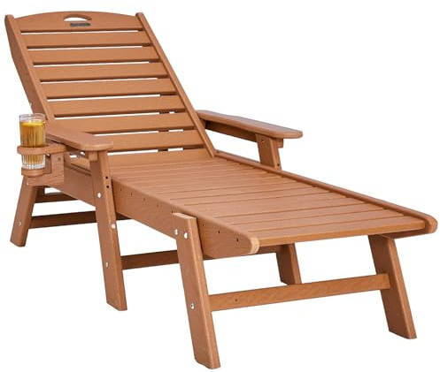 VEVOR Chaise Lounge Chair, 400 lbs Weight Capacity, 6 Positions Adjustable Patio Lounge Chair, Outdoor HDPE Lounge Chair with Backrest & Cup Holder, for Pool Poolside Deck Backyard Lawn, Brown
