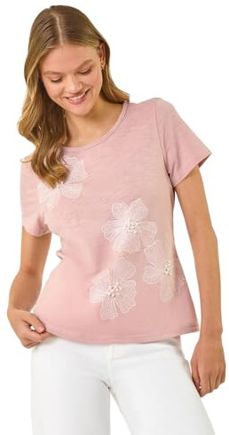 Roman Originals T-Shirt for Women UK - Ladies Tee Shirt Summer Top Holiday Day Causal Short Sleeve Blouses Round Crew Boat Neck Lightweight - Floral Pink - Size 10