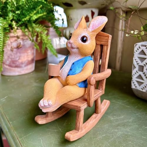 Garten Deko Kaninchen Figuren, Ostern Gartendeko für Draußen Wetterfest, Ostern Deko Schaukelstuhl Hase Figur, Osterhasen Harz Statue, Osterdeko Gartenfiguren Teichdeko Miniteich Blumentopf Office