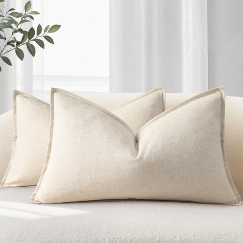 YCOLL Kissenbezug 40x60 2er Set Gemütliche Weiche Natur-Leinen Kissenhüllen Einfarbige Sofakissen Moderne Kissenbezüge mit Kante Dekokissen für Couch, Bett Wohnzimmer Beige