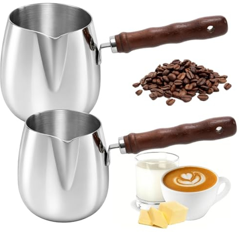 Dicunoy 2 Pack Turkish Coffee Pot, 13.5 Oz/20 Oz Milk Warmer Pot with Wooden Handle, Greek Arabic Coffee Maker 18/8 Stainless Steel Stovetop Warmer for Milk Butter Tea Hot Chocolate, 2 Size