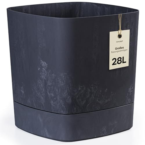 KONZEPT Blumentopf groß 28 L, Übertopf für innen & außen, Beton-Optik matt, mit Drainagelöchern, Schwarz