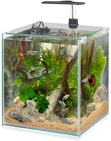 Hydor 30-Liter-Aquarium mit dimmbarer LED-Lampe, 3 Modi (Tag, Nacht und Gemischt), leisem Innenfilter und Heizung, Glasaquarium 30 x 30 x 50 cm.aus Glas