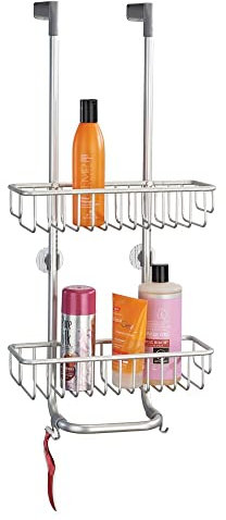 MDESIGN Duschablage hängend - praktisches Duschregal ohne Bohren mit 2 Ebenen und 2 Haken - Duschkorb zum Hängen für bis zu 8 Shampooflaschen - silberfarben