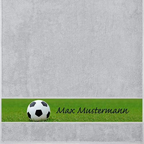 Manutextur Duschtuch mit Namen - personalisiert - Motiv Sport - Fußball - viele Farben & Motive - Dusch-Handtuch - hellgrau - Größe 70x140 cm - persönliches Geschenk mit Wunsch-Motiv und Wunsch-Name