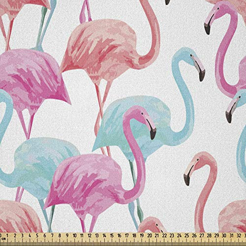 ABAKUHAUS Aquarell Stoff als Meterware, Hawaii Flamingos, Microfaser Stoff für Dekoratives Basteln, 1M (230x100cm), Babyblau Lachs Rosa