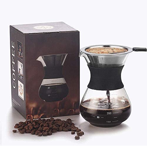 XIYUAN Pour Over Coffee Maker Paperless Reusable Stainless Steel Filter and BPA-Free Glass Carafe Hand Coffee Dripper Brewer Pot 10.5Ounce / 300 ml