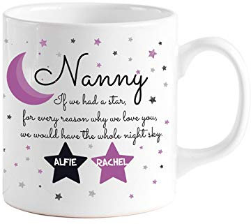Pomchick - Nanny Stars Moon Mug | Personalised with Name | Gift for Nanny Nanna Nan | 11oz | Mother's Day Present from Grandson or Granddaughter | Birthday Christmas Gifts