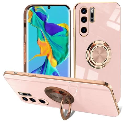 EYZUTAK Hülle für Huawei P30 Pro Case, Glänzend Weiche Silikon TPU Slim Case mit 360 Grad Ring Ständer Bumper Stoßfest Schutzhülle Fingerhalter Magnetische Autohalterung Cover-Rosa