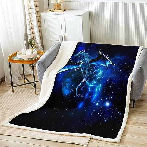 Loussiesd Galaxis Drachen Kuscheldecke Kinder Weltraum Sternenhimmel Decke 150x200cm Flanell Fleecedecke Dschungeltiere Drachen für Jungen Kinder Schlafzimmer Dekor Blau Schwarz Wohndecke