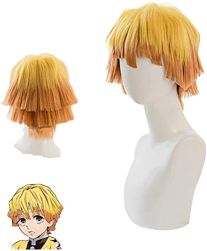 Demon Slayer Perücke für Agatsuma Zenitsu, Anime-Cosplay-Perücke, kurz, lang, glatt, Ombré-Gelb, Lace-Front-Perücke mit kostenloser Perückenkappe, Kostümparty, Halloween