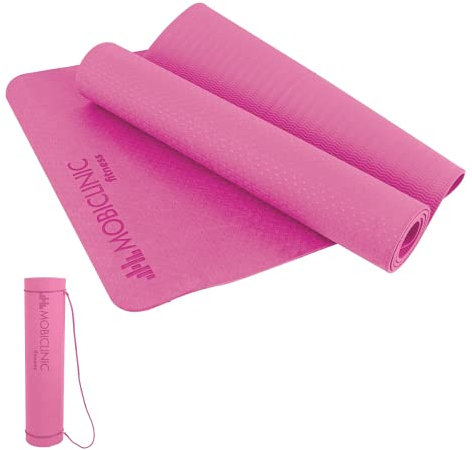 Mobiclinic® fitness, Tappetino da yoga, Include cinghia per il trasporto, Spessore 6 mm, Antiscivolo, Impermeabile, Ecologico, Sport, 183x61x0.6 cm, Lavabile, Flessibile, Tpe, Rosa