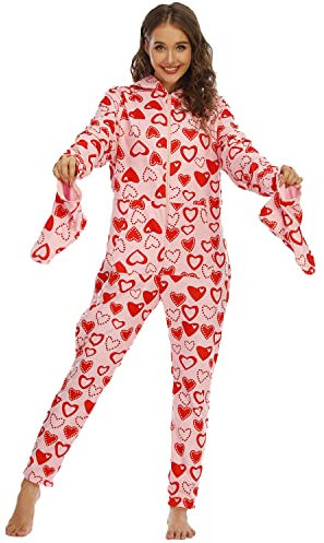 QIYUANT Pyjama Grenouillere Homme Combinaison Pyjama a Capuche avec Pieds Casual Polaire Adulte Une Pièce Printemps Hiver Automne Confortable Chaud Homewear Chaussettes Amovibles Rose/Coeurs Peach L